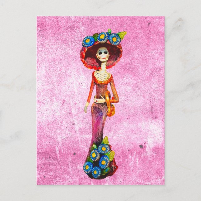 Carte Postale Catrina Avec Robe Rouge & Fleurs Bleues Sur Rose W (Devant)