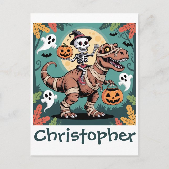 Carte Postale Cavalier Dino Squelette – Squelette sur T-Rex Momi (Devant)