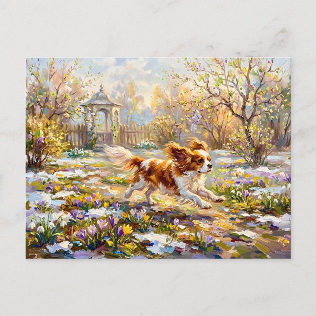 Carte Postale Cavalier Spaniel dans un jardin printanier en fleu (Devant)