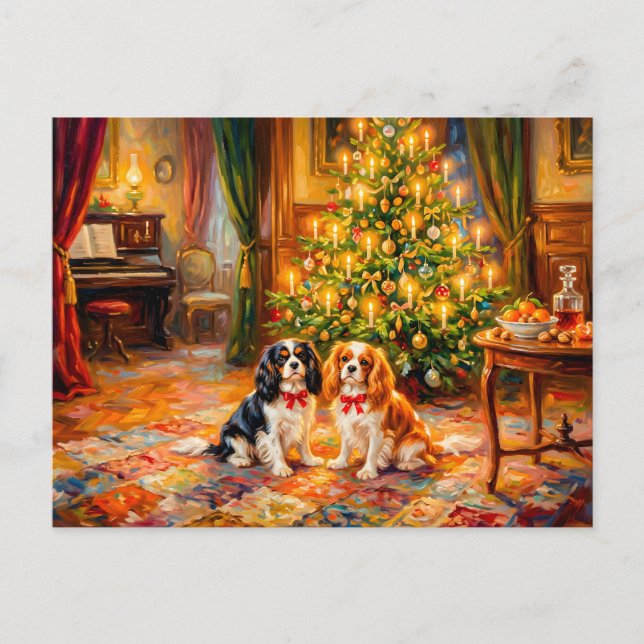 Carte Postale Cavalier Spaniels près de l'arbre de Noël (Devant)