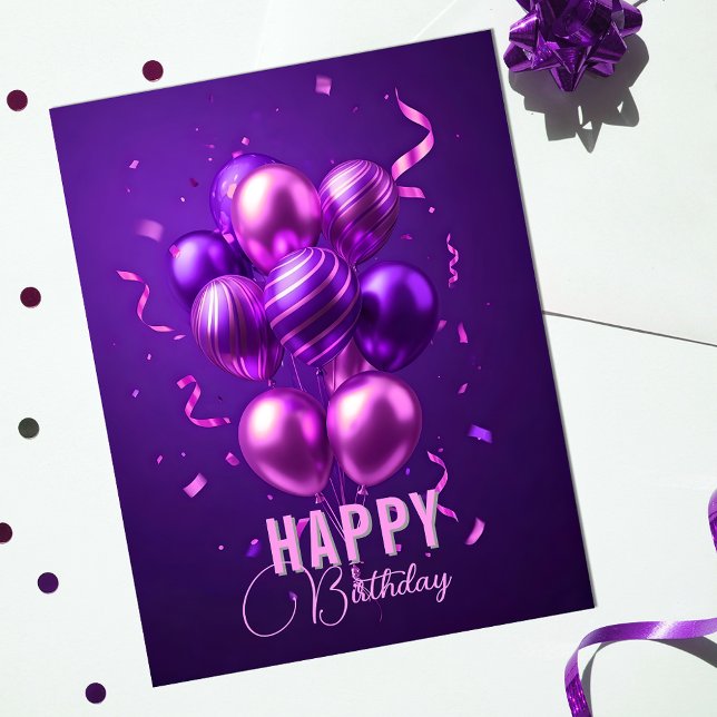 Carte Postale Célébration d'anniversaire avec ballons violets et (Créateur téléchargé)