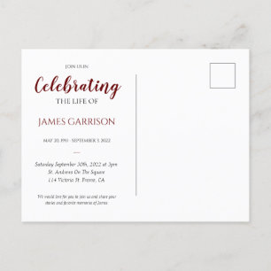 Carte Postale Célébration de la vie de couleur rouge foncé avec 