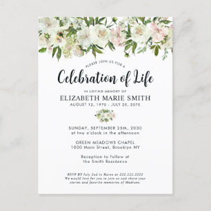 Carte Postale Célébration de la vie White Floral Funeral Memoria