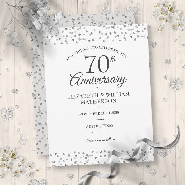 Carte Postale Célébration des 70 ans de mariage - Cœurs d'amour  (70th Wedding Anniversary Love Hearts Save the Date Postcard)