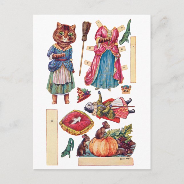 Carte Postale Cendrillon, Poupée en papier, Louis Wain (Devant)