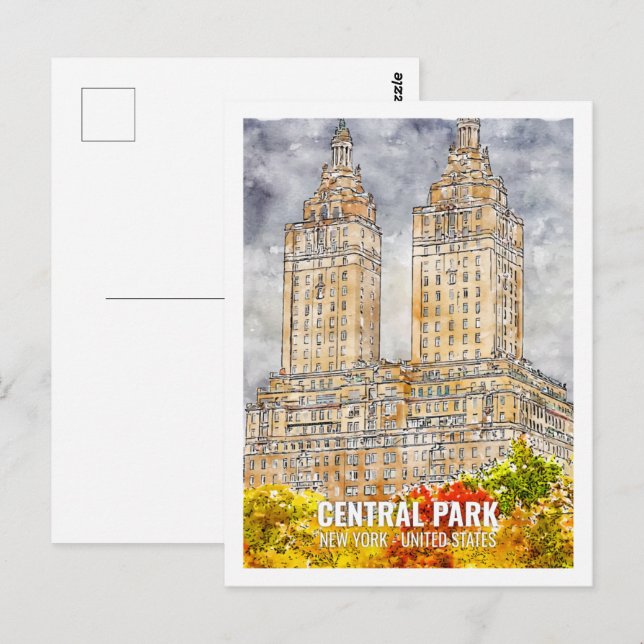 Carte Postale Central Park New York USA Travel Place Watercolor (Devant / Derrière)