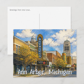 Carte Postale Centre-ville Ann Arbor, Michigan Style Dessiné à l