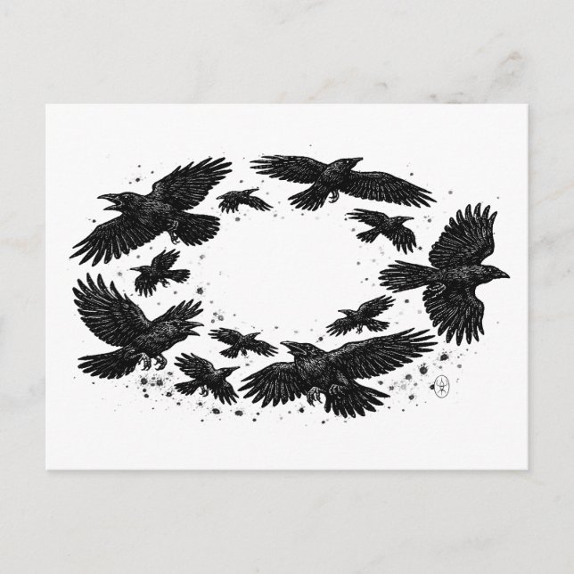 Carte Postale Cercle de corbeaux – Illustration à l'encre hantée (Devant)