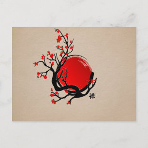 Carte Postale Cercle Zen Enso, Soleil et Rouge Sakura Blossom