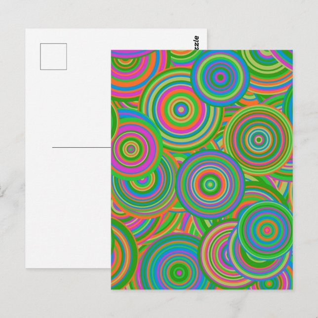 Carte Postale Cercles abstraits rétro mod, vert et rouge orange (Devant / Derrière)