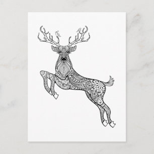 Carte Postale Cerf À Cornes Magique Avec Oiseaux Doodle