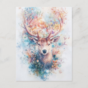 Carte Postale Cerf avec bois floral et fleur sauvage