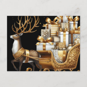 Carte Postale Cerf avec cadeaux de Noël élégant or et noir