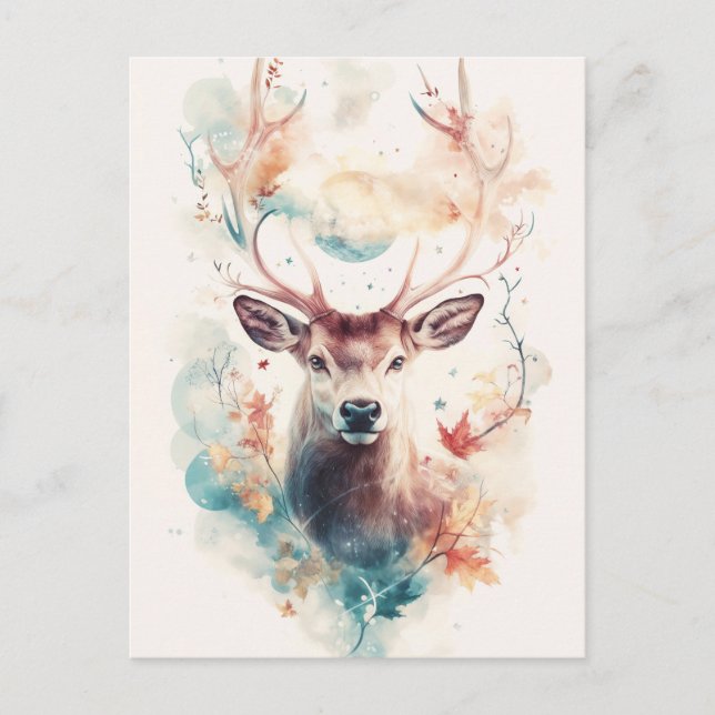 Carte Postale Cerf avec Feuille d'Automne et Lune Bleue (Devant)