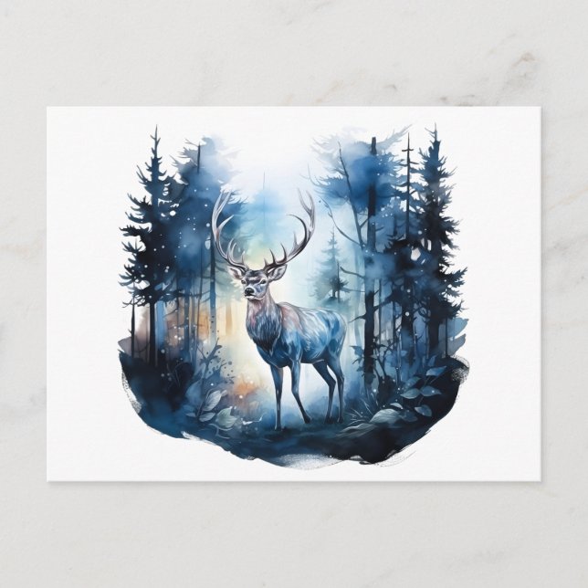 Carte Postale Cerf dans la forêt d'hiver (Devant)