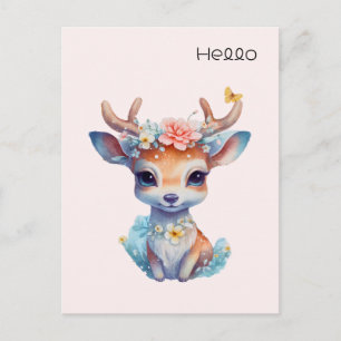 Carte Postale Cerf de Bébé mignon avec Antlers et Fleurs Bonjour