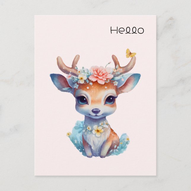 Carte Postale Cerf de Bébé mignon avec Antlers et Fleurs Bonjour (Devant)