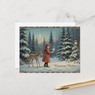 Carte Postale Cerf de forêt enneigée Noël vintage cosy 