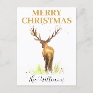 Carte Postale Cerf de Noël Elégante aquarelle Joyeux
