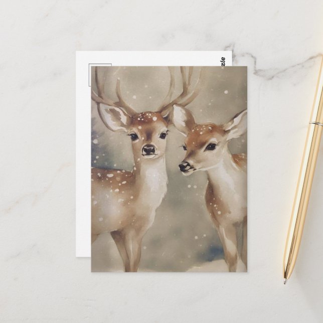 Carte Postale Cerf d'hiver adorable aquarelle (Devant/Arrière en situation)
