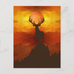 Carte Postale Cerf élaphe au sommet d'une montagne au coucher du
