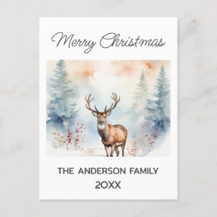Carte Postale Cerf en forêt neigeuse Arbres de Noël Aquarelle