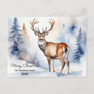 Carte Postale Cerf en forêt neigeuse Arbres de Noël Aquarelle