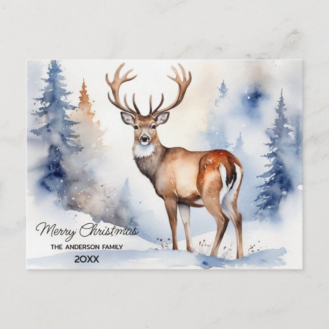 Carte Postale Cerf en forêt neigeuse Arbres de Noël Aquarelle (Devant)
