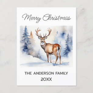 Carte Postale Cerf en forêt neigeuse Arbres de Noël Aquarelle
