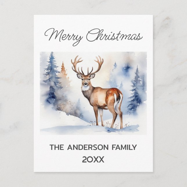 Carte Postale Cerf en forêt neigeuse Arbres de Noël Aquarelle (Devant)