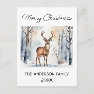 Carte Postale Cerfs Dans La Forêt Enneigée Arbres De Noël Aquare