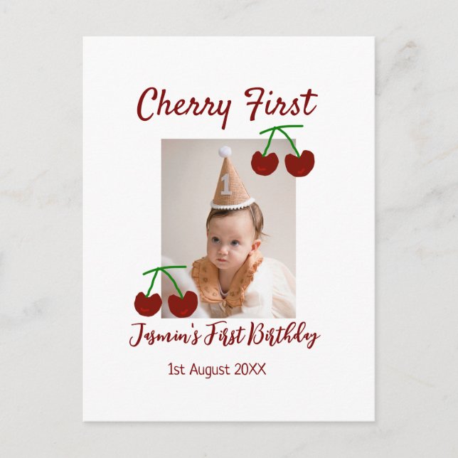 Carte Postale Cerise premier anniversaire photo enfants moderne  (Devant)