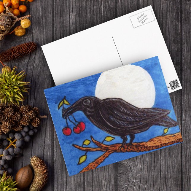 Carte Postale Cerises au Clair de Lune Corbeau Noir (Black crow on branch holding cherries full moon blue night sky on postcard.)