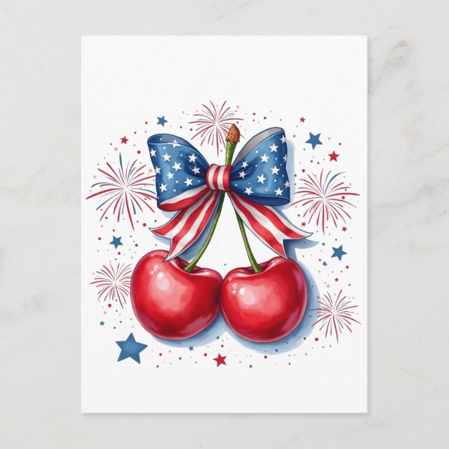 Carte Postale Cerises avec Coquette Bow 4 juillet Américain (Devant)