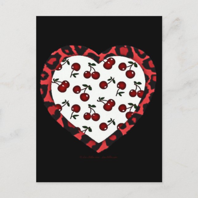 Carte Postale Cerises Rockabilly RAB Impression Léopard Coeur (Devant)