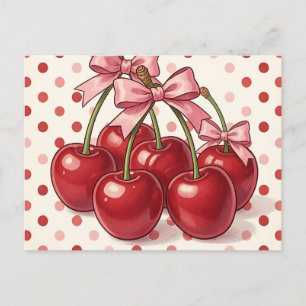 Carte Postale Cerises Rouges Douces Rubans Roses Rétro Points