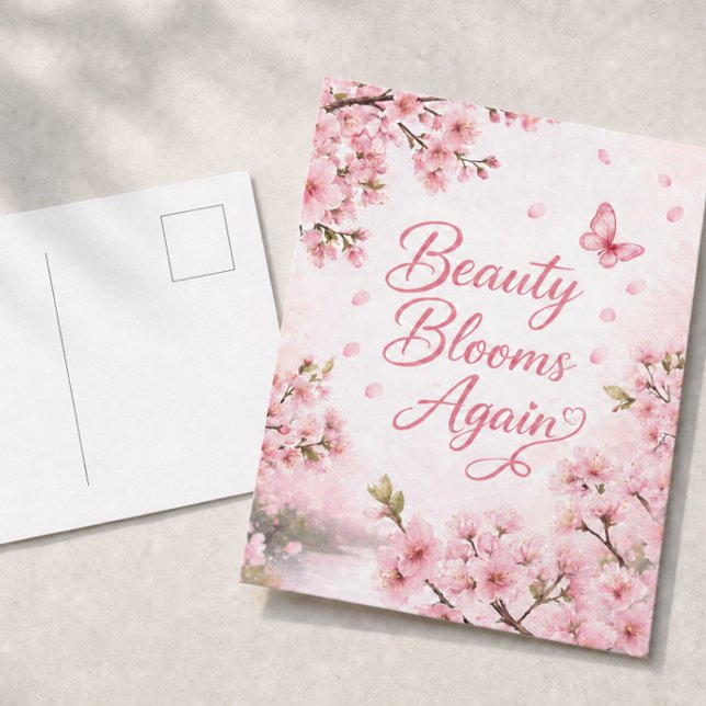 Carte Postale Cerisier en Fleur : La Beauté Refleurit (A postcard with a delicate cherry blossom design paired with the idea that beauty always returns.)