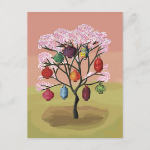 Carte Postale Cerisier orné de lanternes en papier oriental