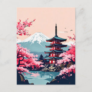 Carte Postale Cerisiers du Japon et Pagode avec le Mont Fuji
