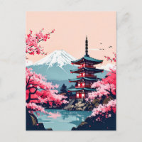 Cerisiers Japonais et Pagode avec le Mont Fuji