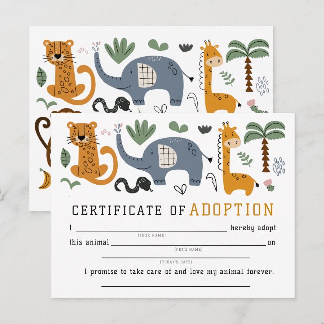 Carte Postale Certificat d'adoption animale Deux enfants sauvage (Devant / Derrière)