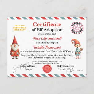 Carte Postale Certificat d'adoption officiel de lutin du Pôle No