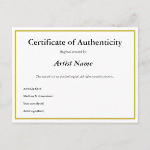Carte Postale Certificat d'authenticité personnalisable pour l'a