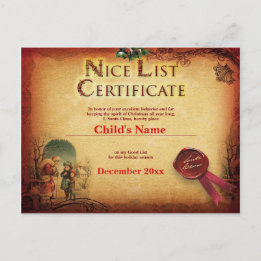 Carte Postale Certificat de liste Nice Père Noël personnalisé