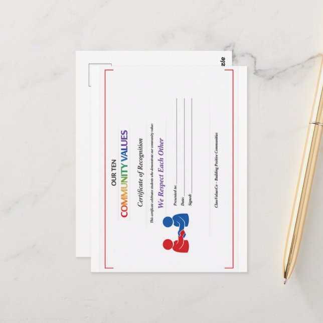 Carte Postale Certificat de respect mutuel (Devant/Arrière en situation)