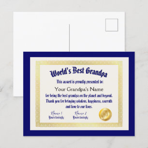 Carte Postale Certificat du Meilleur Grand-Père du Monde Drôle M