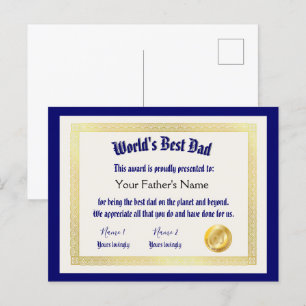 Carte Postale Certificat du Meilleur Papa du Monde Drôle Moderne