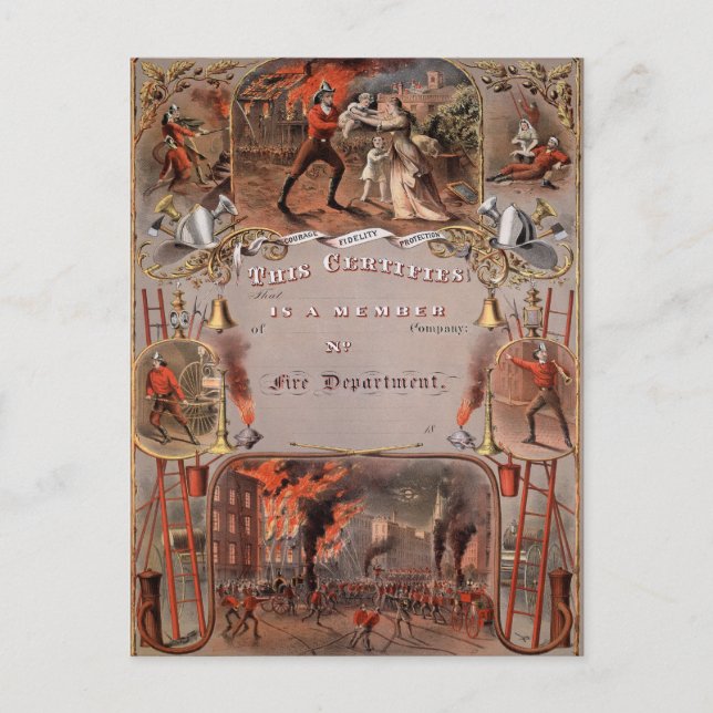Carte Postale Certificat vintage de pompier (Devant)