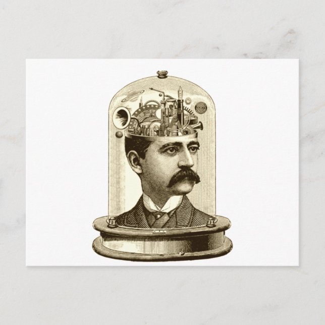 Carte Postale Cerveau steampunk vintage, homme moustache (Devant)