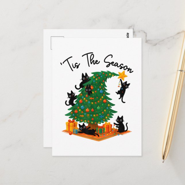 Carte Postale C'est la saison Arbre de Noël Chat noir mignon (Devant/Arrière en situation)